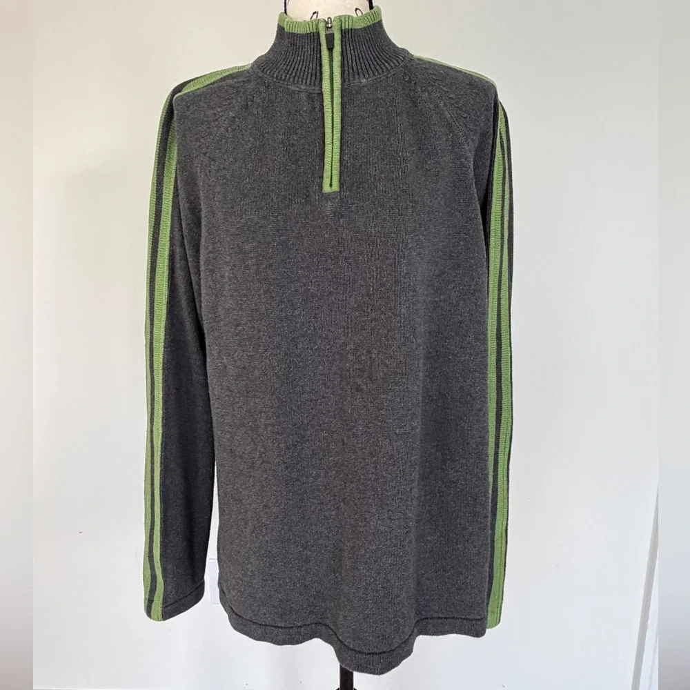 Eddie Bauer Sweater Pullover 1/4 Zip Charcoal/Lime Green Sz L 100%Cotton Grandpa